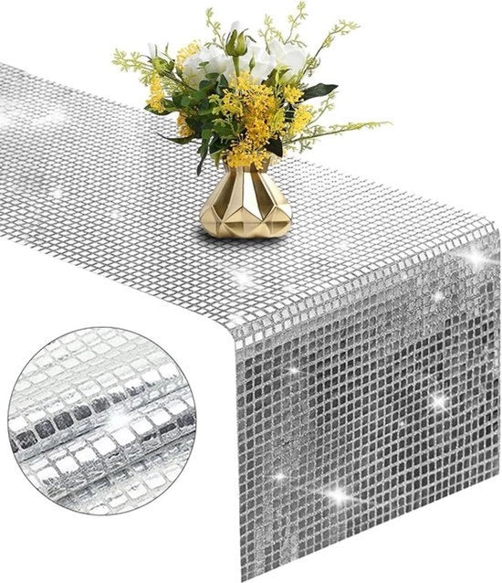 Decorazione da tavolo 30 x 275 cm con pailletti argentati per festa di disco - decorazione per festa di compleanno, festa di ballo, festa di disco