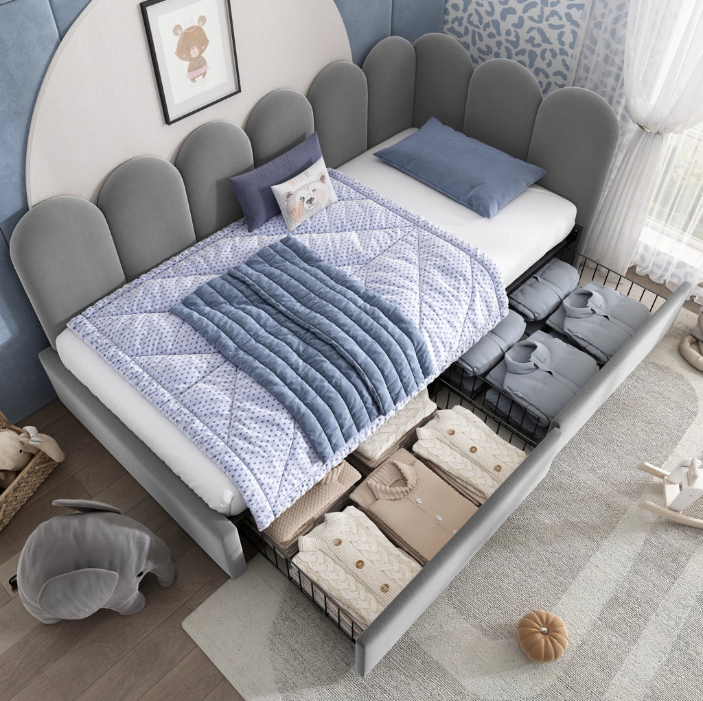 Letto singolo imbottito con 2 cassetti e rete a doghe 90x190 cm grigio