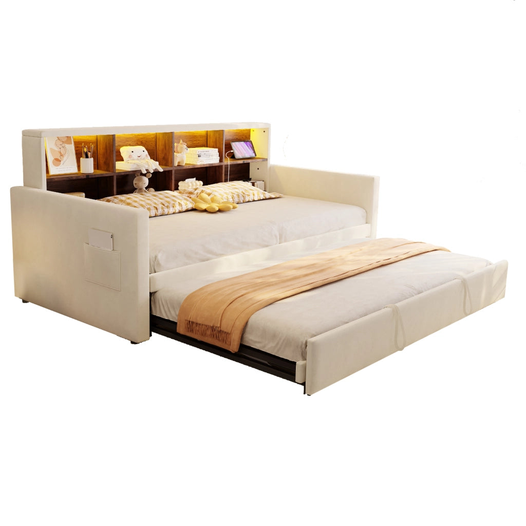 Letto Estraibile 90×190 cm Singolo con LED; USB-C e Ripiani; Estensibile 180×190 cm; senza Materasso; Beige