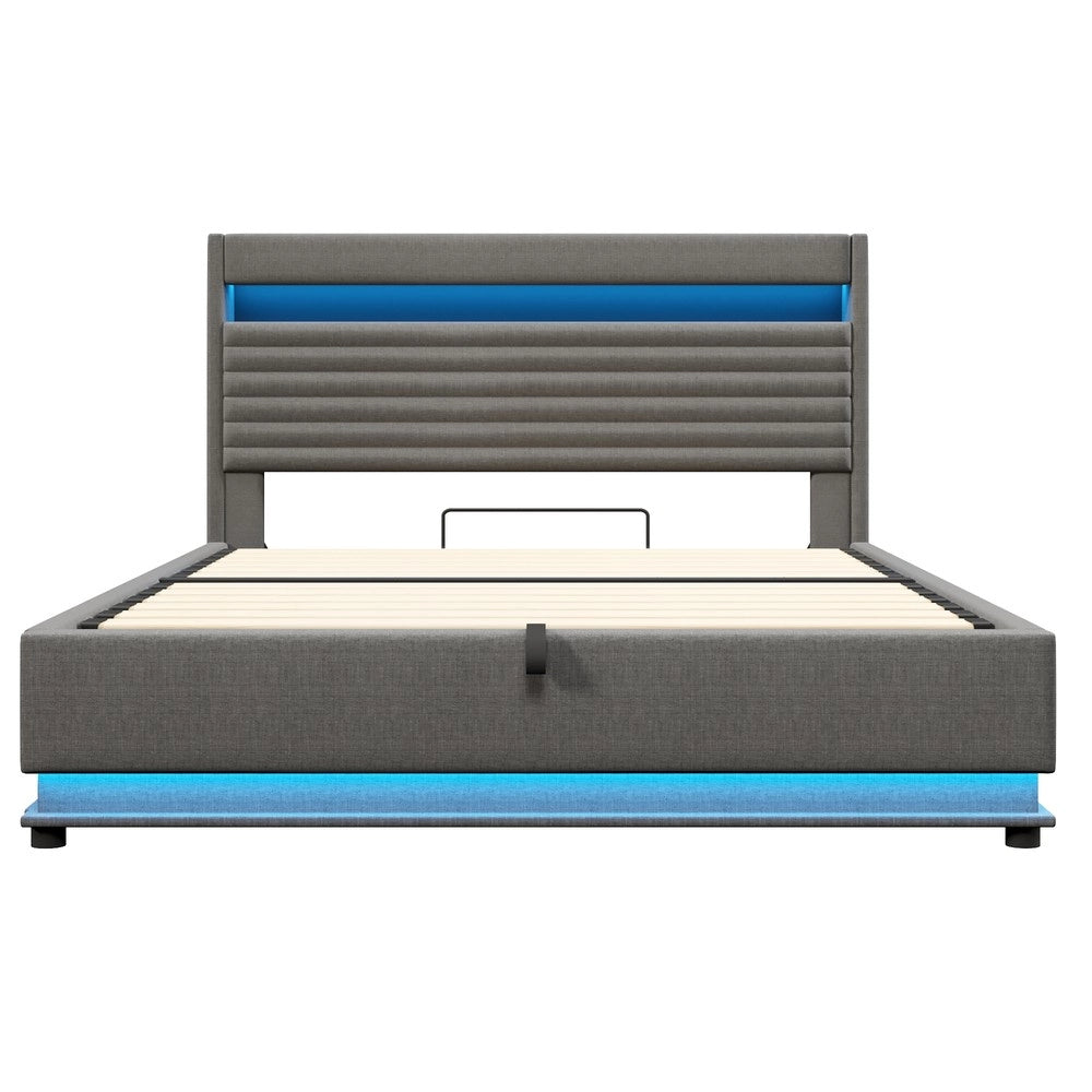 Letto Imbottito Contenitore con LED e USB ¨C MINIMAL ¨C Tessuto Grigio 180x200