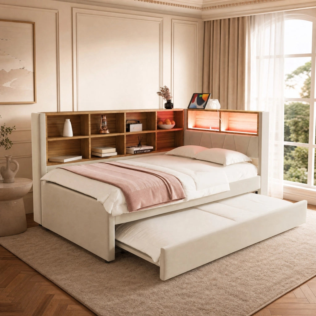 DIVANO LETTO Estraibile 90x200 cm Flanella Beige con LED e prese