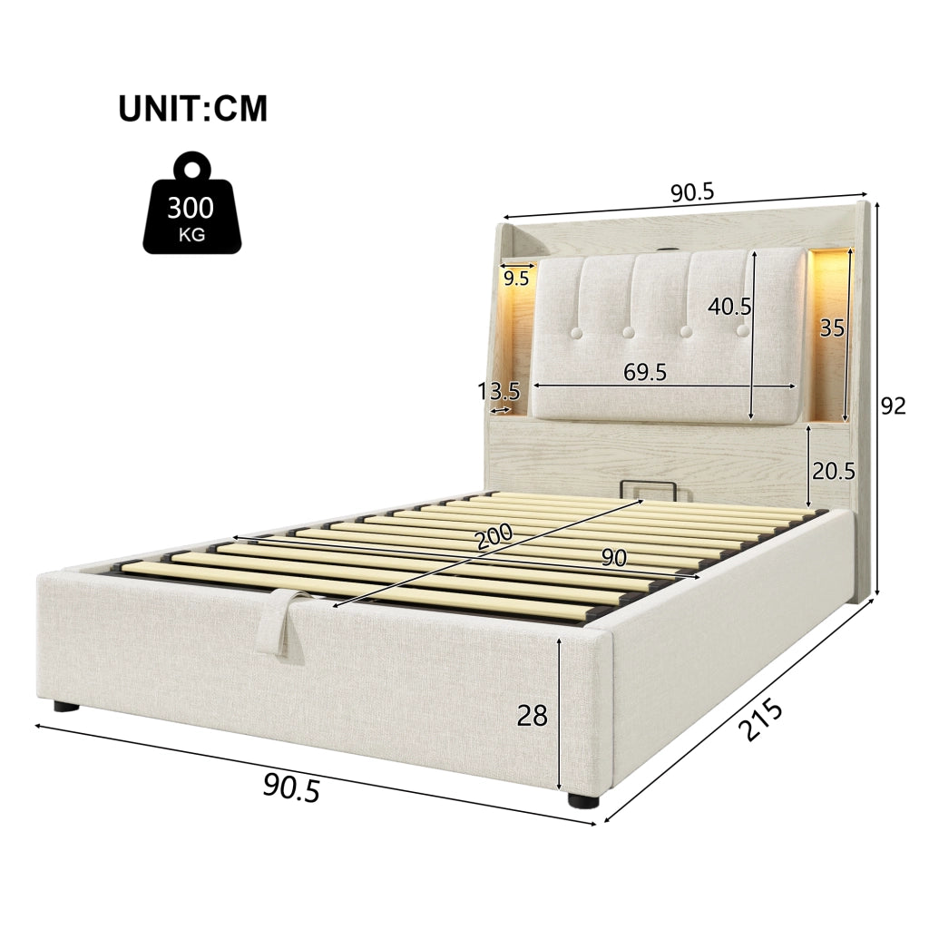 LETTO imbottito 90x200 cm Beige in lino e MDF con USB, LED e vano contenitore