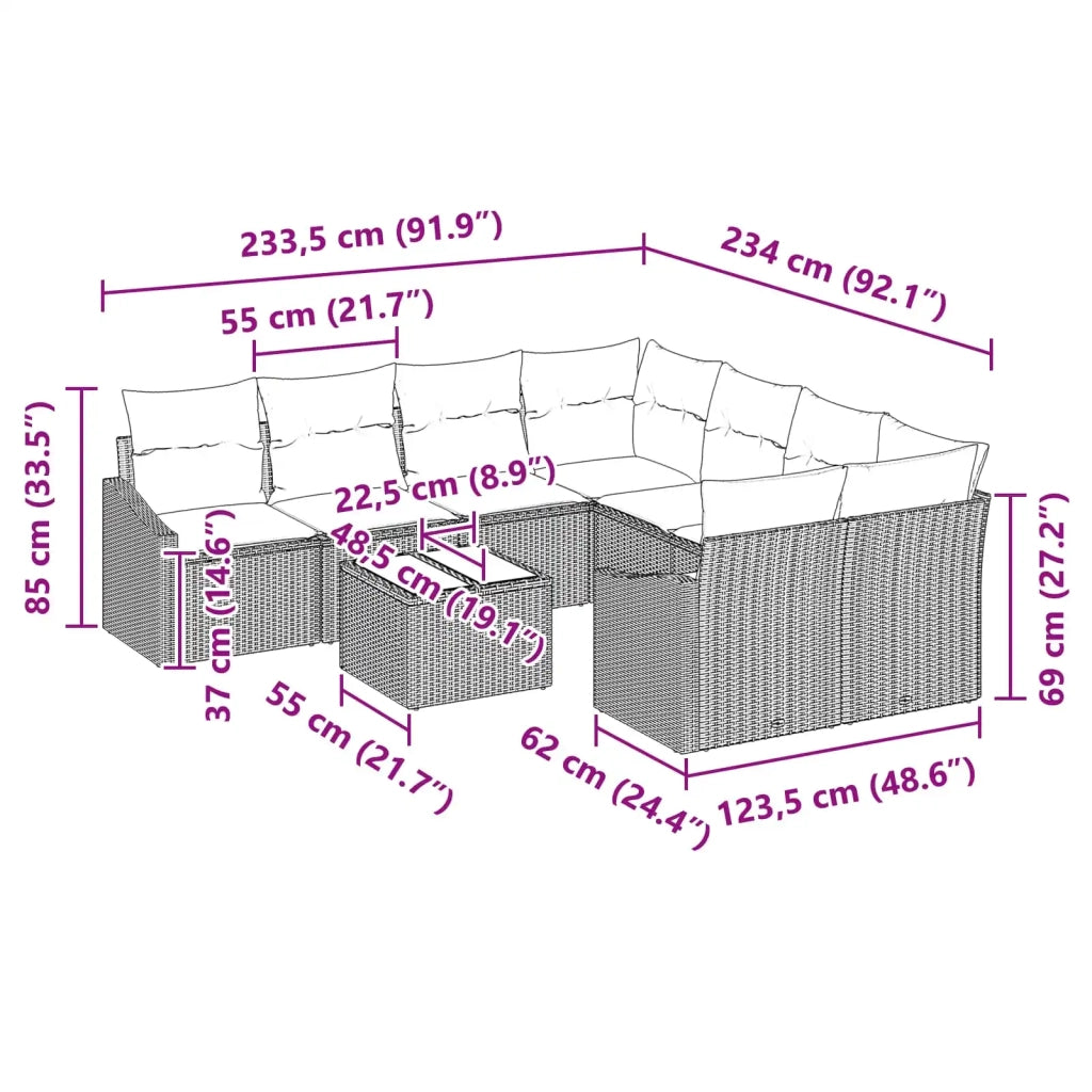 Set di divani con cuscino 9 pcs Nero e Turchese polyrattan 3346666