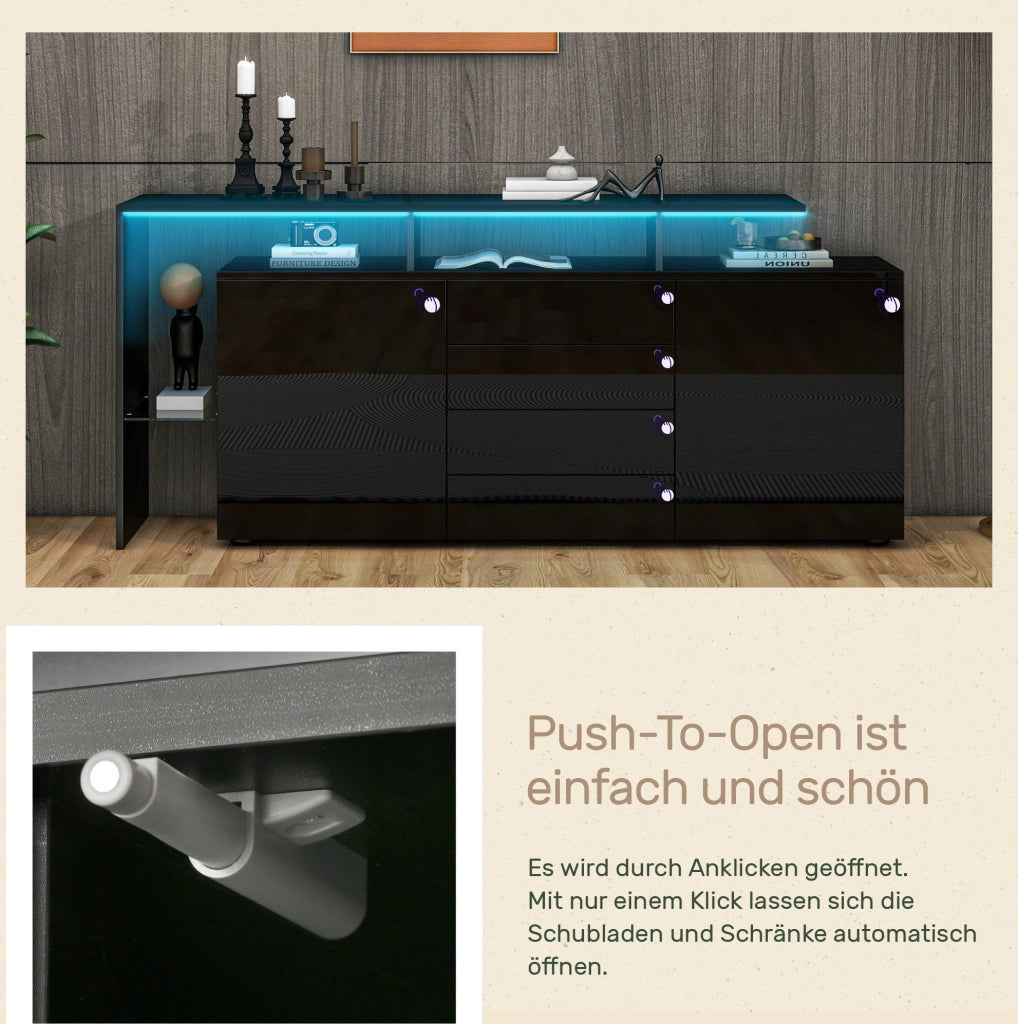 Sideboard moderno 160 cm con LED; USB; 4 cassetti e ante lucide; nero