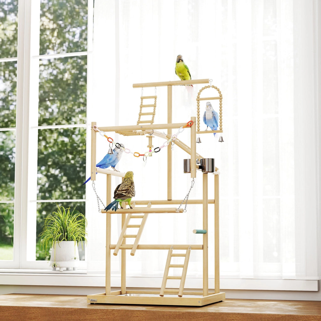 Trespolo per Pappagalli 48x38x95 cm con Giochi Vassoio Rimovibile e Posatoi in Legno Naturale