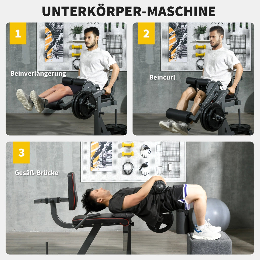 Macchina regolabile per estensione e flessione delle gambe con caricamento a dischi, ideale per l'allenamento di fianchi, cosce e parte inferiore del
