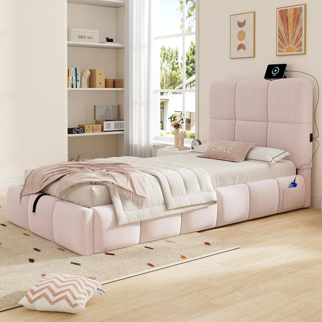 DESMIU Letto bambino 90 × 200 cm 1 posto con vano contenitore idraulico e USB, senza materasso, in velluto, rosa