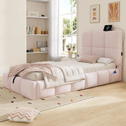 DESMIU Letto bambino 90 × 200 cm 1 posto con vano contenitore idraulico e USB, senza materasso, in velluto, rosa
