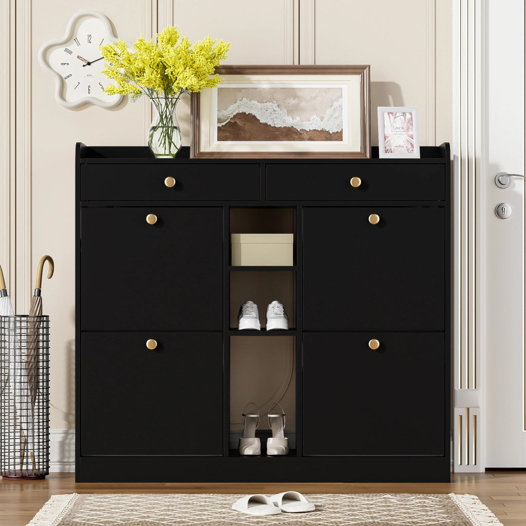 Scarpiera Nera 110×26×100 cm con 4 Ante a Ribalta; 2 Cassetti e 3 Vani Aperti; Mobile Porta Scarpe Salvaspazio