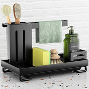 Organizzatore per la vasca da bagno in acciaio inossidabile – Gancio per attrezzi per cucina e bagno – Con contenitore per residui e supporto per spazzola – Incluso contenitore per sapone (nero)