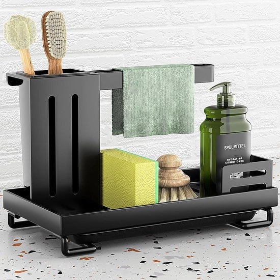Organizzatore per la vasca da bagno in acciaio inossidabile – Gancio per attrezzi per cucina e bagno – Con contenitore per residui e supporto per spazzola – Incluso contenitore per sapone (nero)