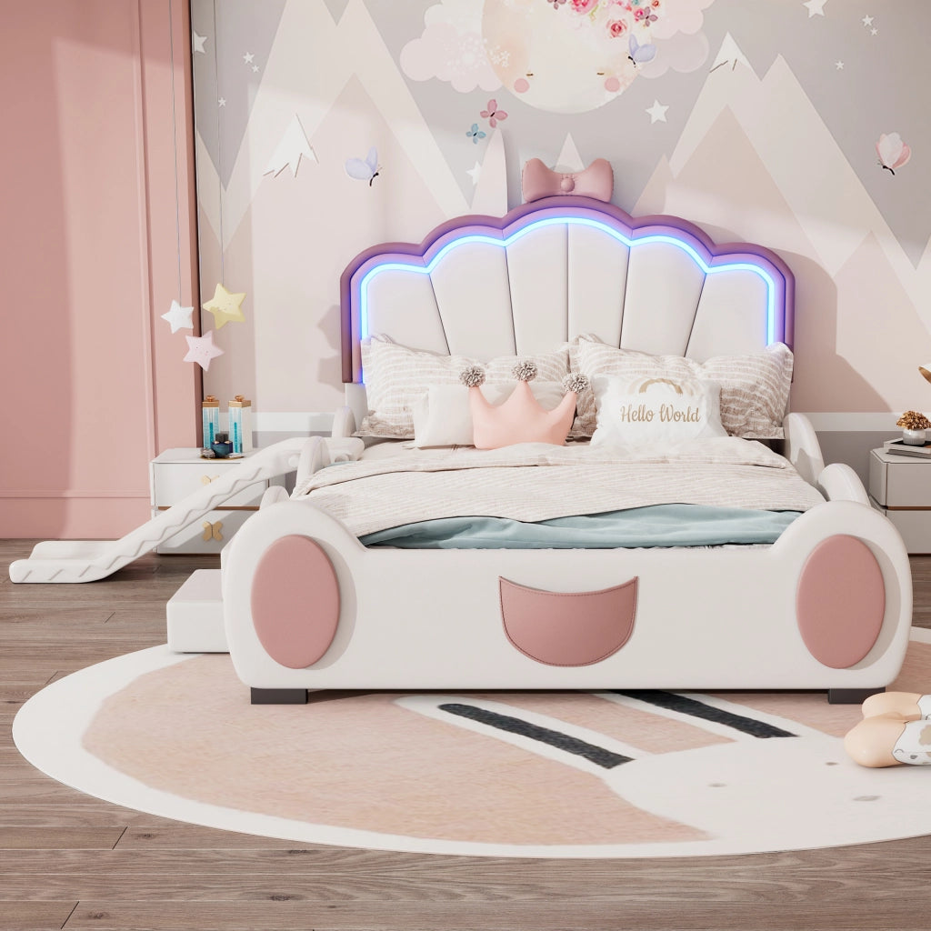 Letto per bambini 140x200 cm a farfalla con LED multicolore, scivolo e scale, rosa e bianco