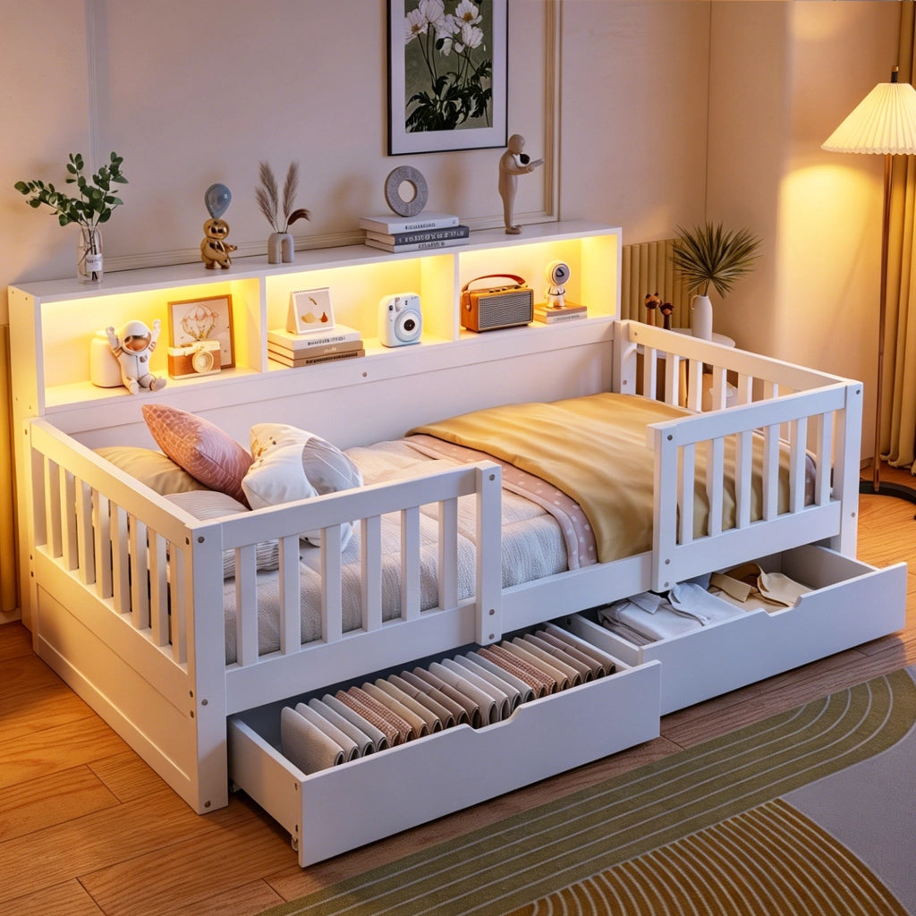 Letto per bambini 90 × 200 cm con barriera di sicurezza, 2 cassetti, ripiani e LED, senza materasso, bianco