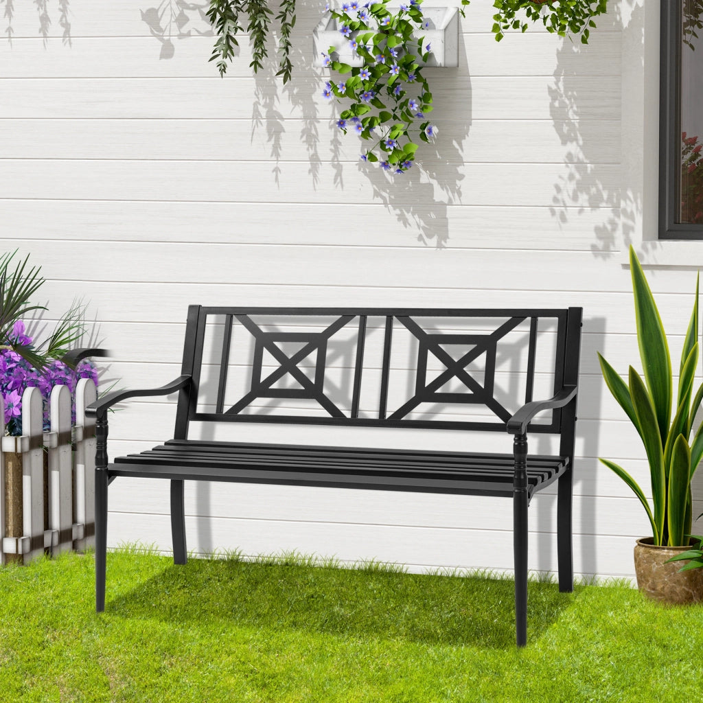 Panchina da Giardino 2 Posti ¨C Xylo ¨C Acciaio Nero con Braccioli 128x62,5x81,5 cm