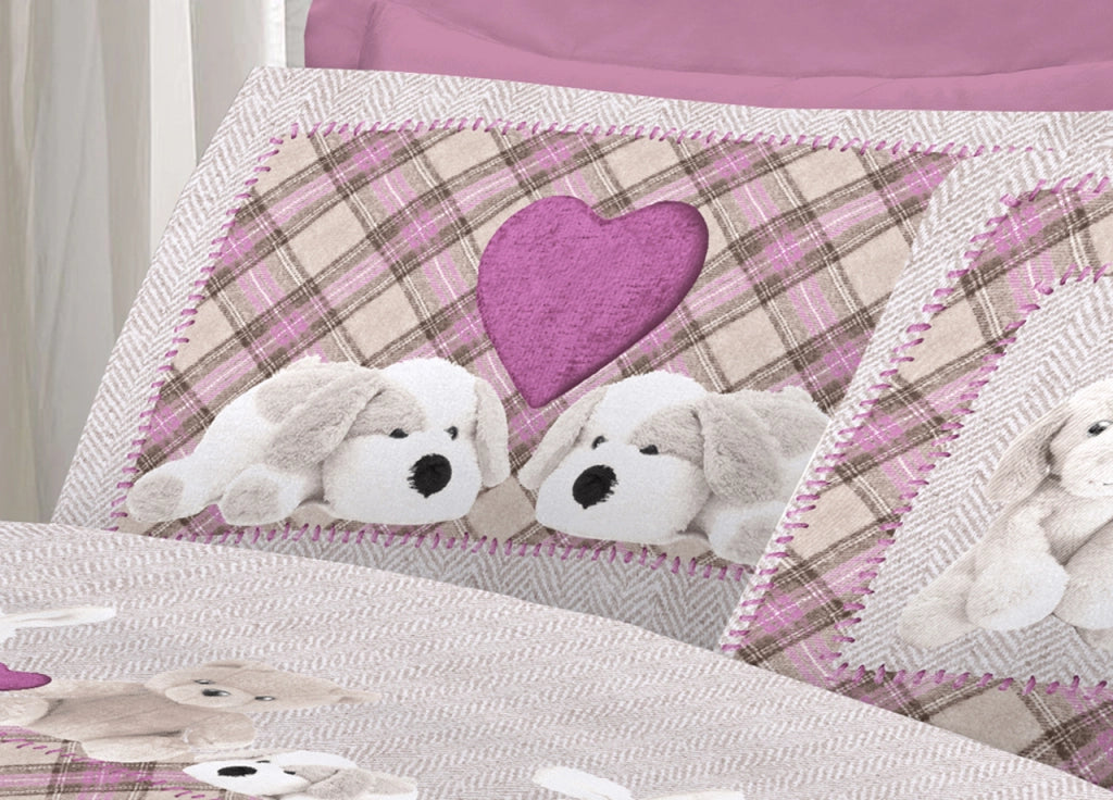 Completo Lenzuola Flanella Pensieri Delicati 100% Cotone Dis. Peluches Rosa - Matrimoniale - Rosa