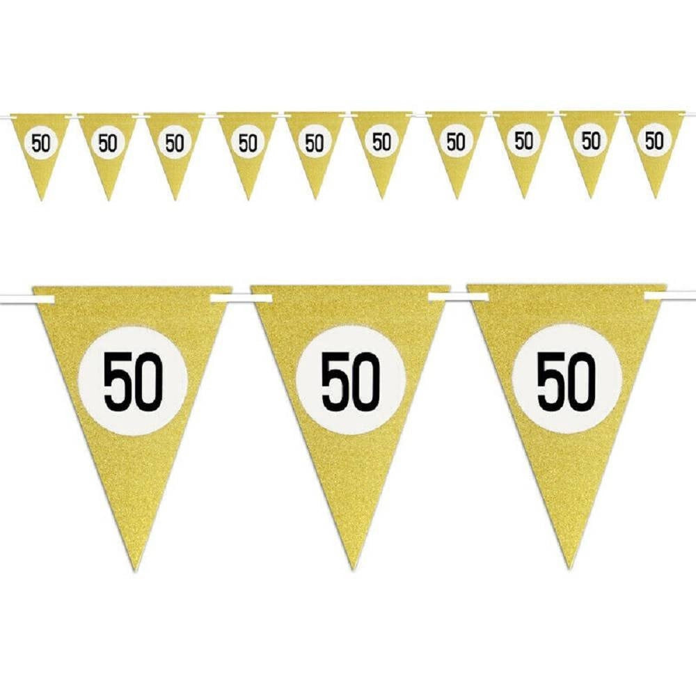 Trade Shop - Bandierine Festa Compleanno Anniversari Set 10pz Triangolari Festone Oro 50 Anni -