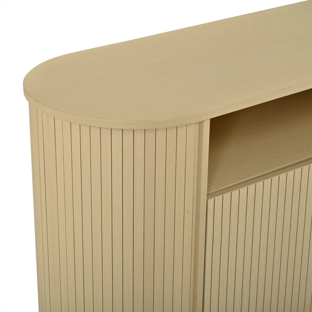 Credenza a tre ante, mobile da ingresso, ripiani a vista, gambe in legno massello, 160 x 40 x 78.5 cm, color legno naturale