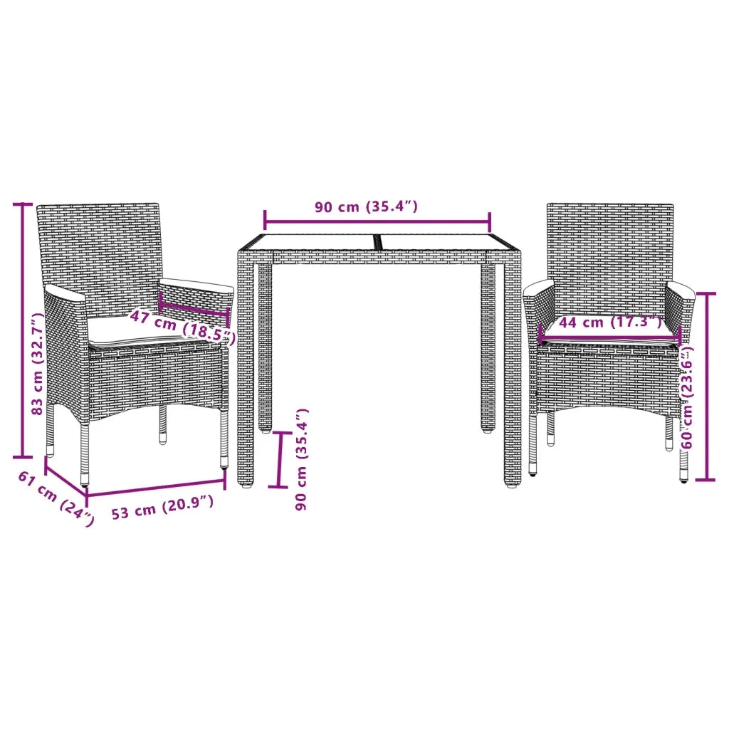 Set Pranzo da Giardino 3pz con Cuscini Polyrattan Acacia Grigio