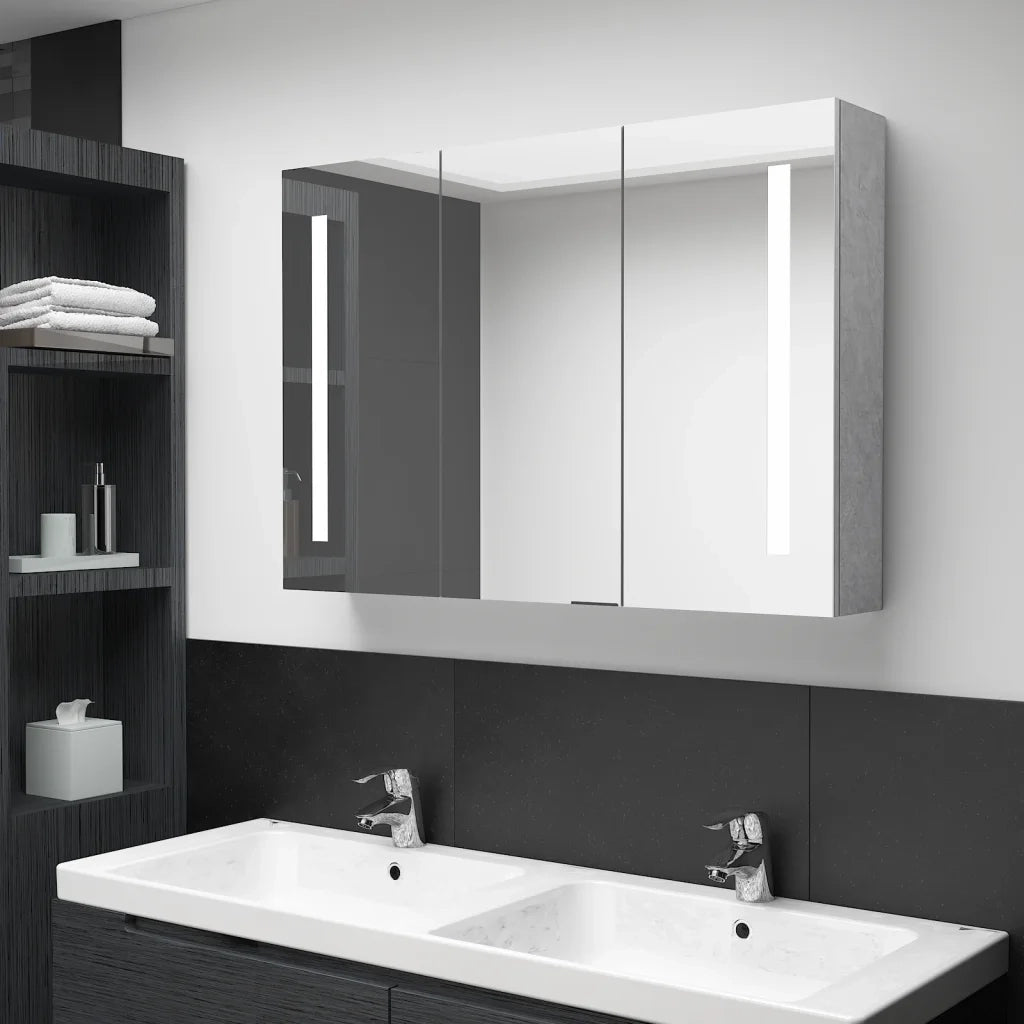 Armadietto Bagno con Specchio e LED Grigio Cemento 89x14x62 cm 326525