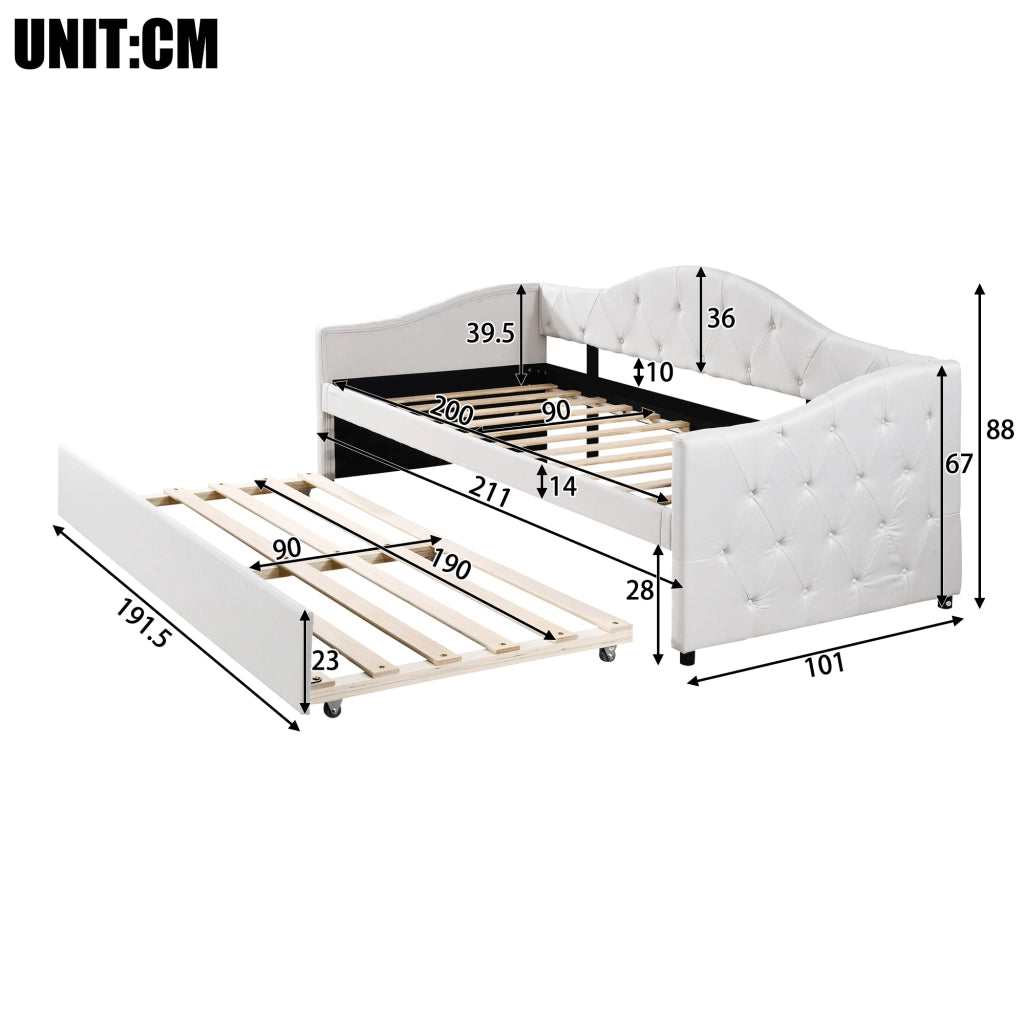 DESMIU Letto singolo 90 × 200 cm 1 posto con letto estraibile, senza materasso, in lino e MDF, stile minimalista, beige