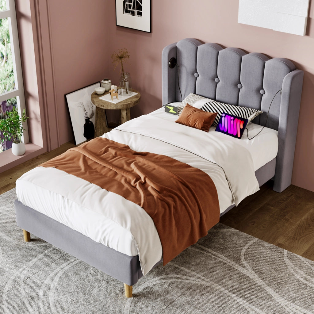 LETTO imbottito 90x200 cm grigio in lino con porta USB e USB-C
