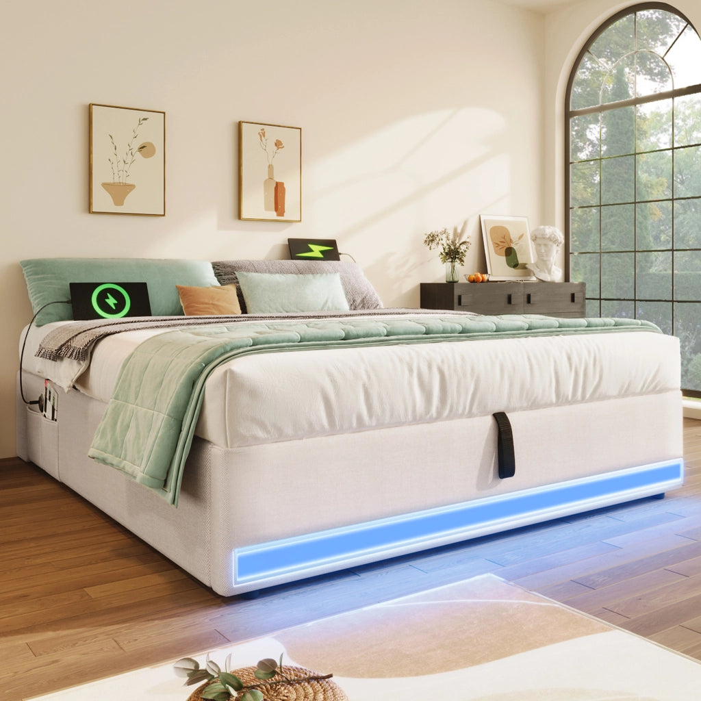 LETTO Imbottito 140x200 cm Beige in Lino con LED, USB e Type-C