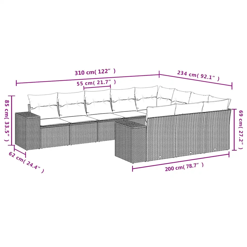 Set Divani da Giardino 10pz con Cuscini in Polyrattan Nero 3223084