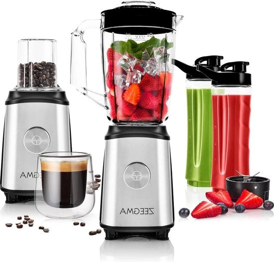 Blender multifunzionale 4 in 1 1050W - 1 Litro - 2 x 600 ml Otri di plastica - Blender estraente succo elettrico - Smoothiemaker con Blocco di Sicurezza - Molitore del caffè - Tritacarne a croce