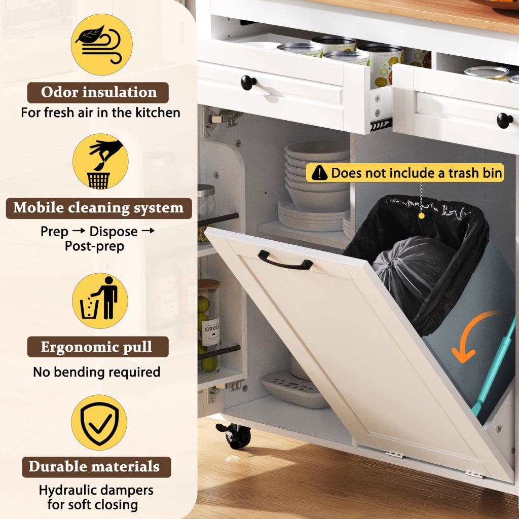 Desserte da cucina mobile con piano estraibile; vano aperto e scomparto per rifiuti per cucina; bianco; 120 × 40-75 × 92 cm