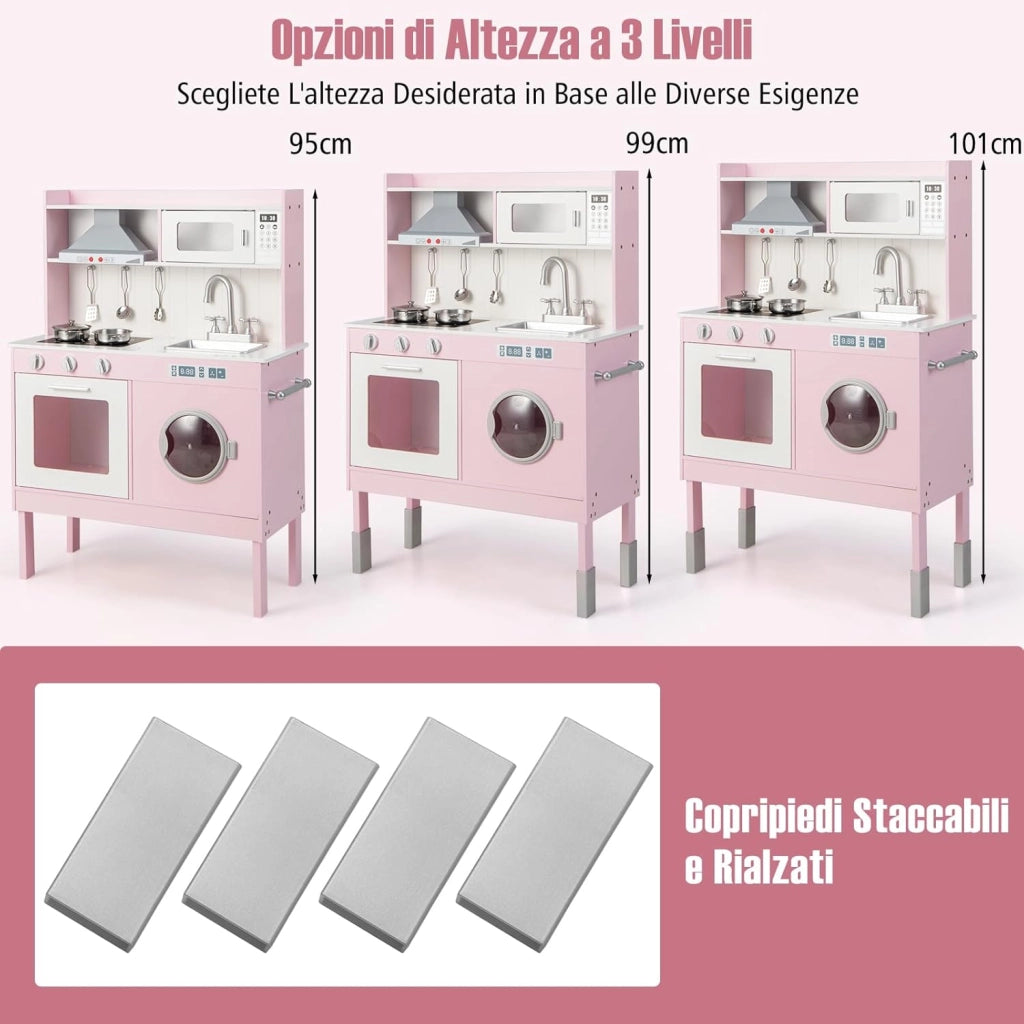 COSTWAYCucina Giocattolo con Cappa e Lavatrice, Cucina Giocattolo con Accessori Adorabili Suoni e Luci Reali, Set Cucina Chef in Legno per Bambini, Regalo per Età 3+ Rosa