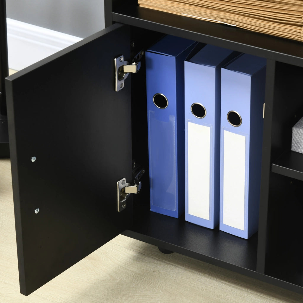 Mobile Porta Stampante a Rotelle con Armadietto e 3 Ripiani Aperti, in Legno, 60x50x65.5 cm, Nero
