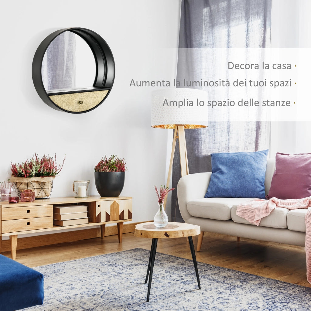 Specchio Decorativo Rotondo con Cornice e Cassetto ¨C Zephmum ¨C Nero Metallo MDF ?61cm
