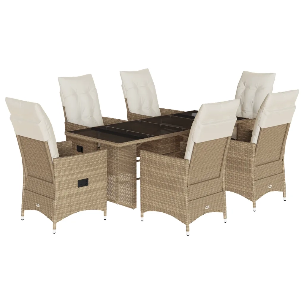 Set da Pranzo da Giardino 7 pz con Cuscini Beige in Polyrattan
