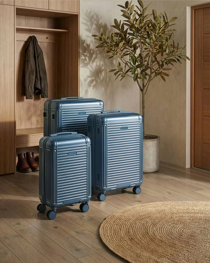 Set di 3 valigie blu in materiale sintetico con ruote silenziose in ferro e cerniera antifurto 3 misure Lucchetto TSA Comodità