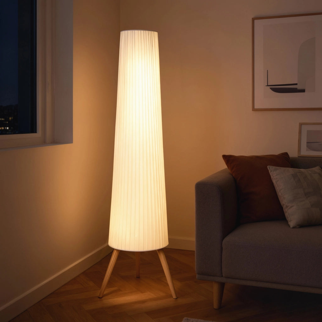 Lampada da Terra LED Dimmerabile ¨C Xylo ¨C Legno Treppiede Bianco con Interruttore 46x46x153cm