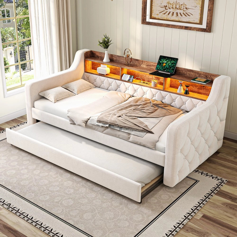 Divano Letto 90x190 in Velluto con Contenitore, LED e Struttura Metallo ¨C Xylo ¨C Beige