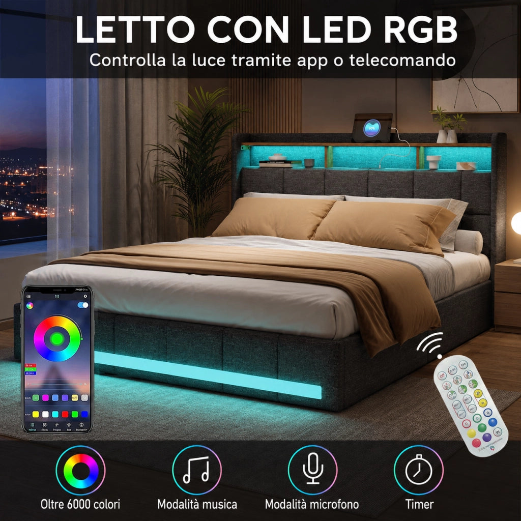 Letto matrimoniale 180x200 cm tessuto grigio, testiera contenitore con ricarica USB e USB-C, LED RGB APP telecomando, 4 cassetti estraibili