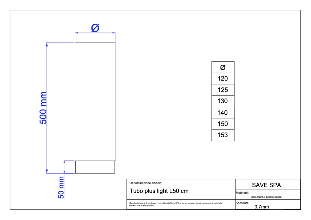 TUBO PER STUFA A LEGNA 'PLUS LIGHT' Ø 150x500 mm - SAVE