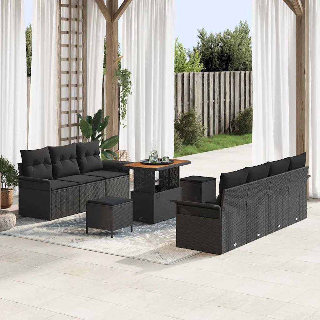 Set Divano da Giardino con cuscino 10 pcs Nero polyrattan