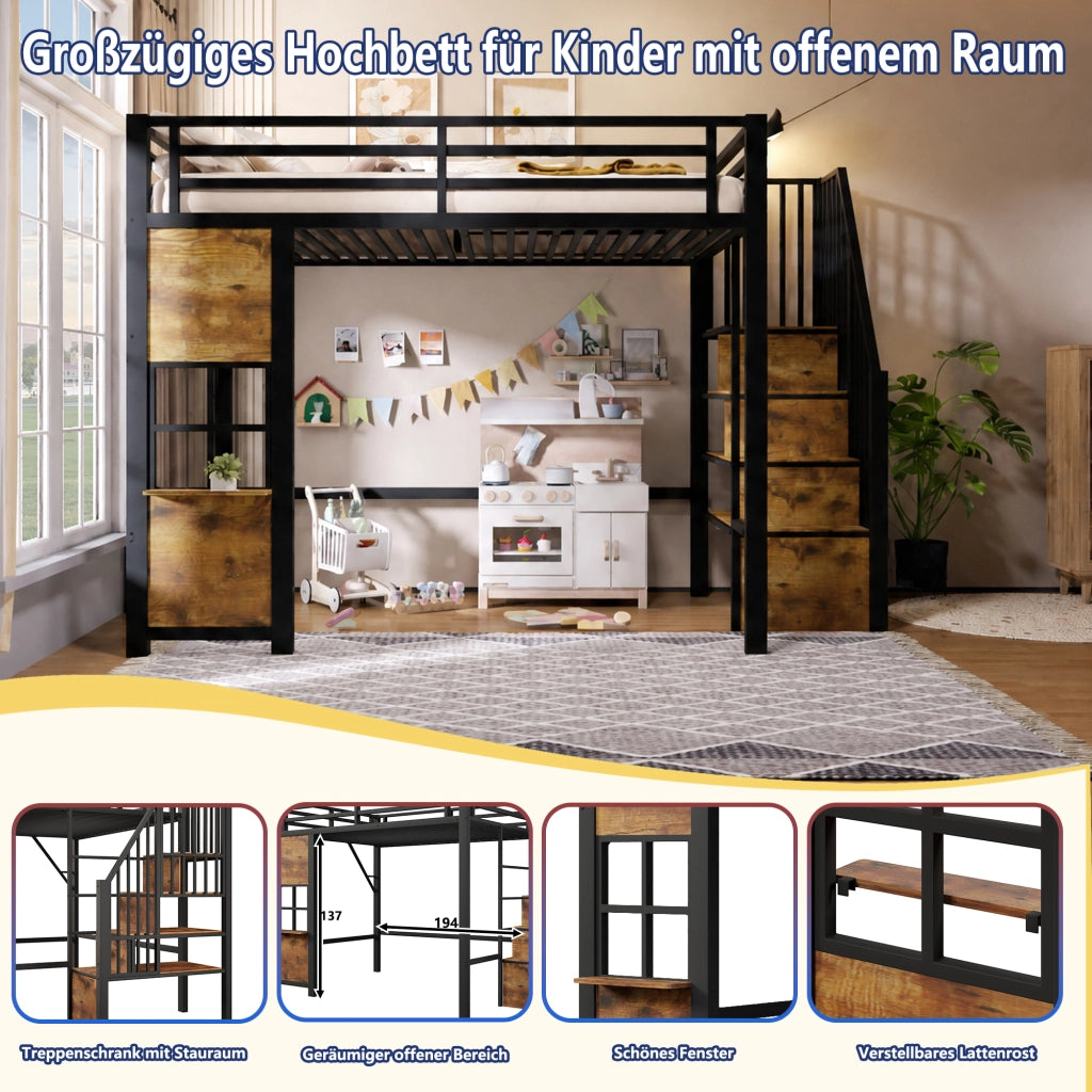 LETTO a soppalco 90x200 cm in metallo e MDF nero con scala contenitore