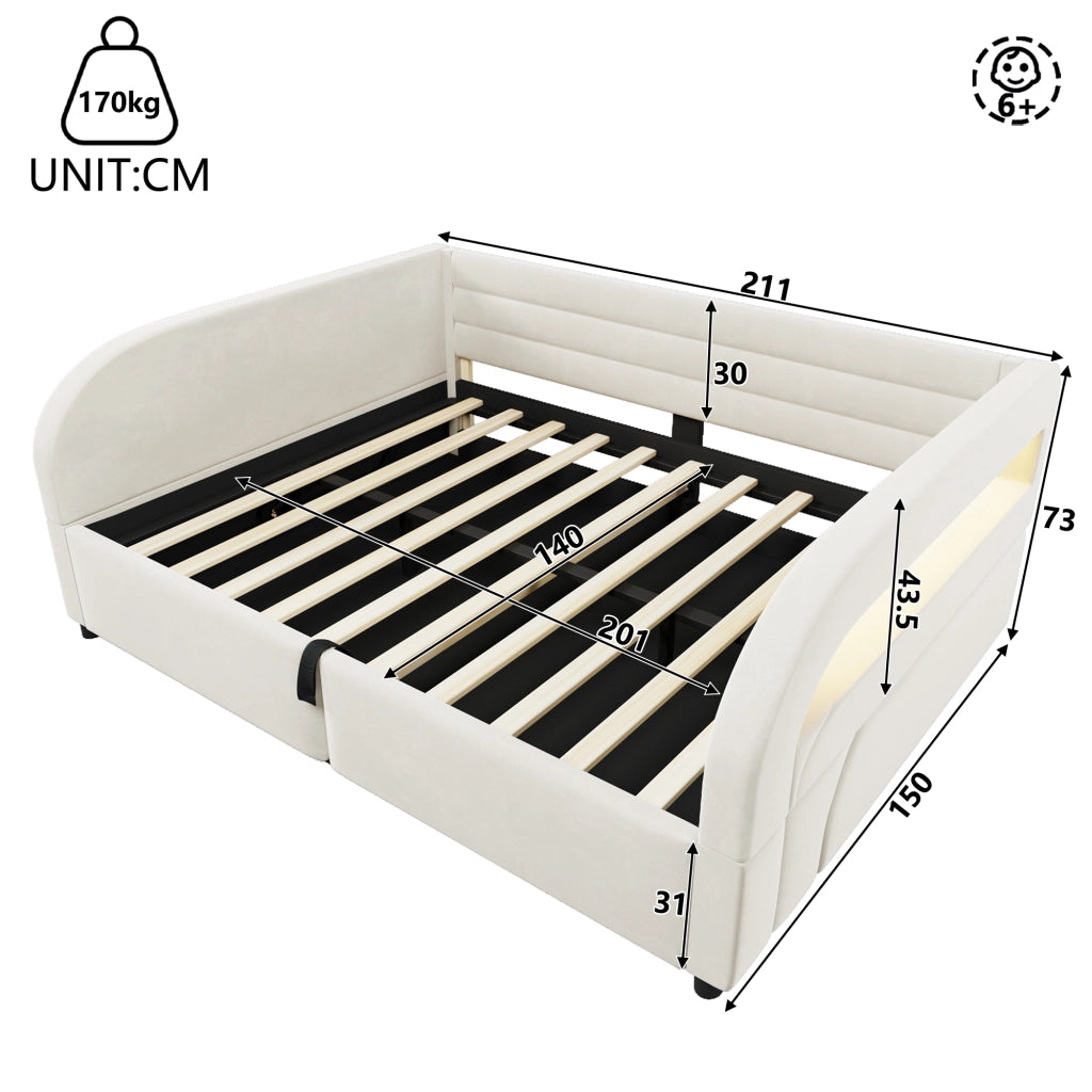 DESMIU Lit con contenitore 140 × 200 cm 2 posti con apertura idraulica, LED, senza materasso, in flanella, beige