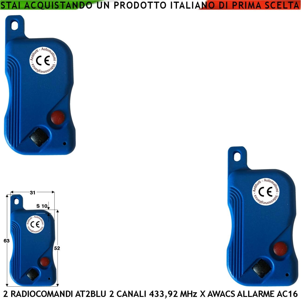 Telecomando 2 Pezzi AT2 blu Bicanale 2 Pulsanti Nero e Rosso Codici Univoci Trasmette Frequenza 433,92 MHz Gestione Della Centrale di Allarme Awacs AC16 CR2032