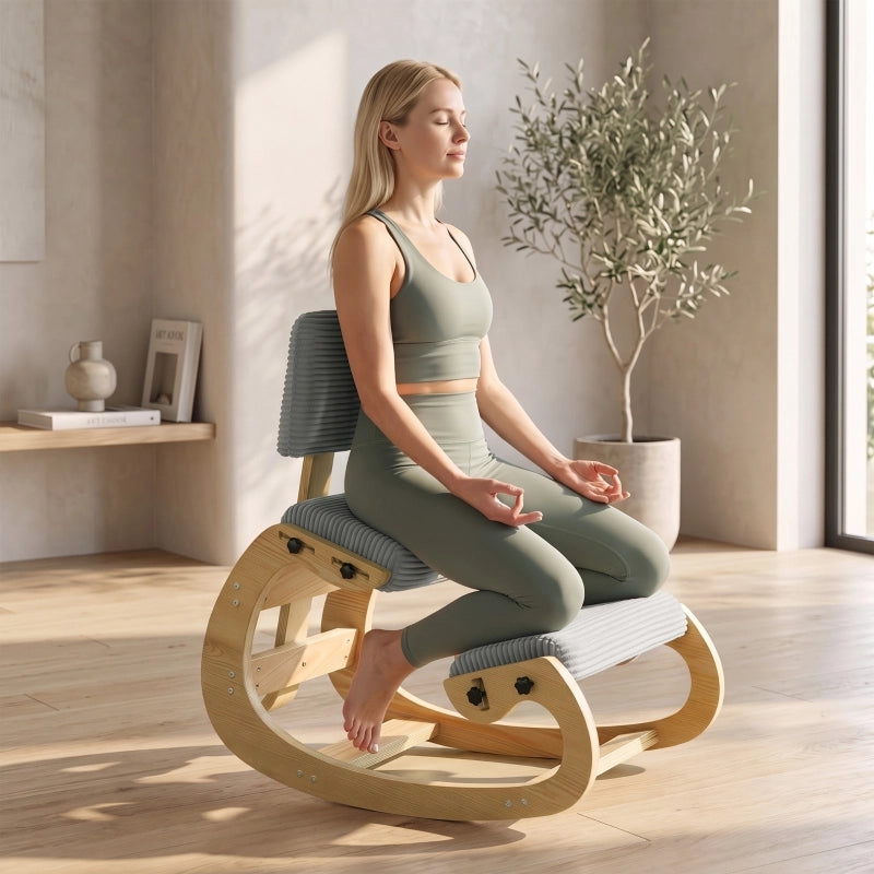 Sedia ergonomica inginocchiata, sgabello inginocchiato con schienale, effetto velluto a coste, sedia da ufficio per casa, ufficio, meditazione,