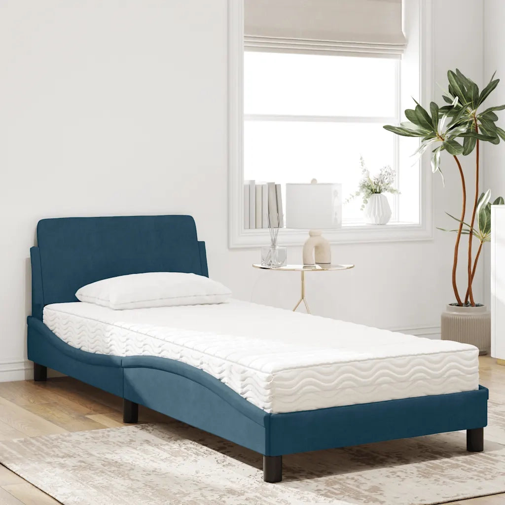 Letto con Materasso-Struttura Letto con Materasso Dover Blu 90x190 cm in Velluto