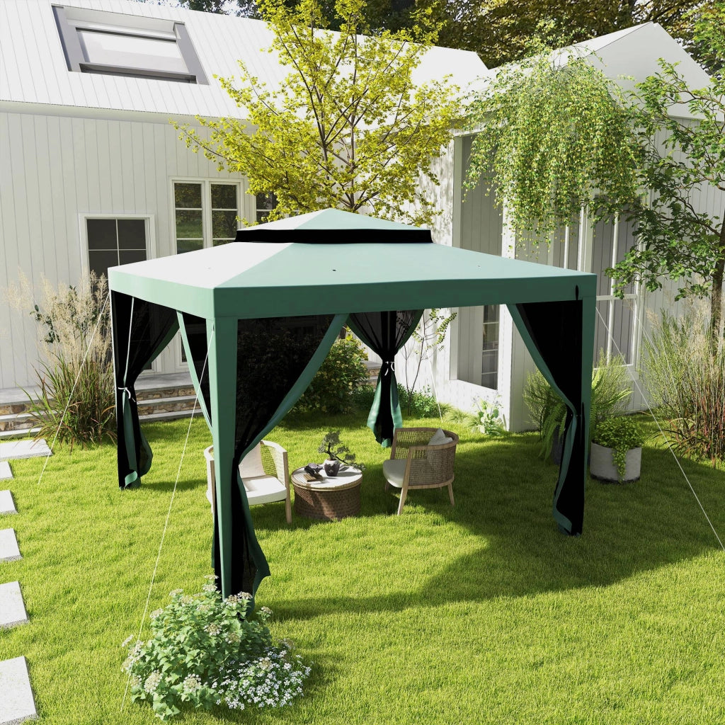 Gazebo da Giardino 3x3 m ¨C Zephmum ¨C Verde con 4 Mosquitiere e Tetto Doppio