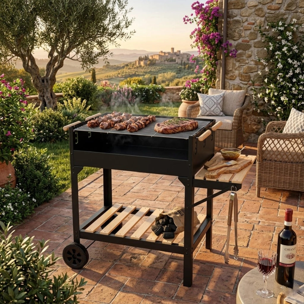 Barbecue Da Esterno Con Griglia Regolabile Ripiano Porta Accessori Laterale E Inferiore Acciaio Robusto Con Ruote Per Terrazza E Outdoor Cooking 122 x 53 x 100 Cm Nero