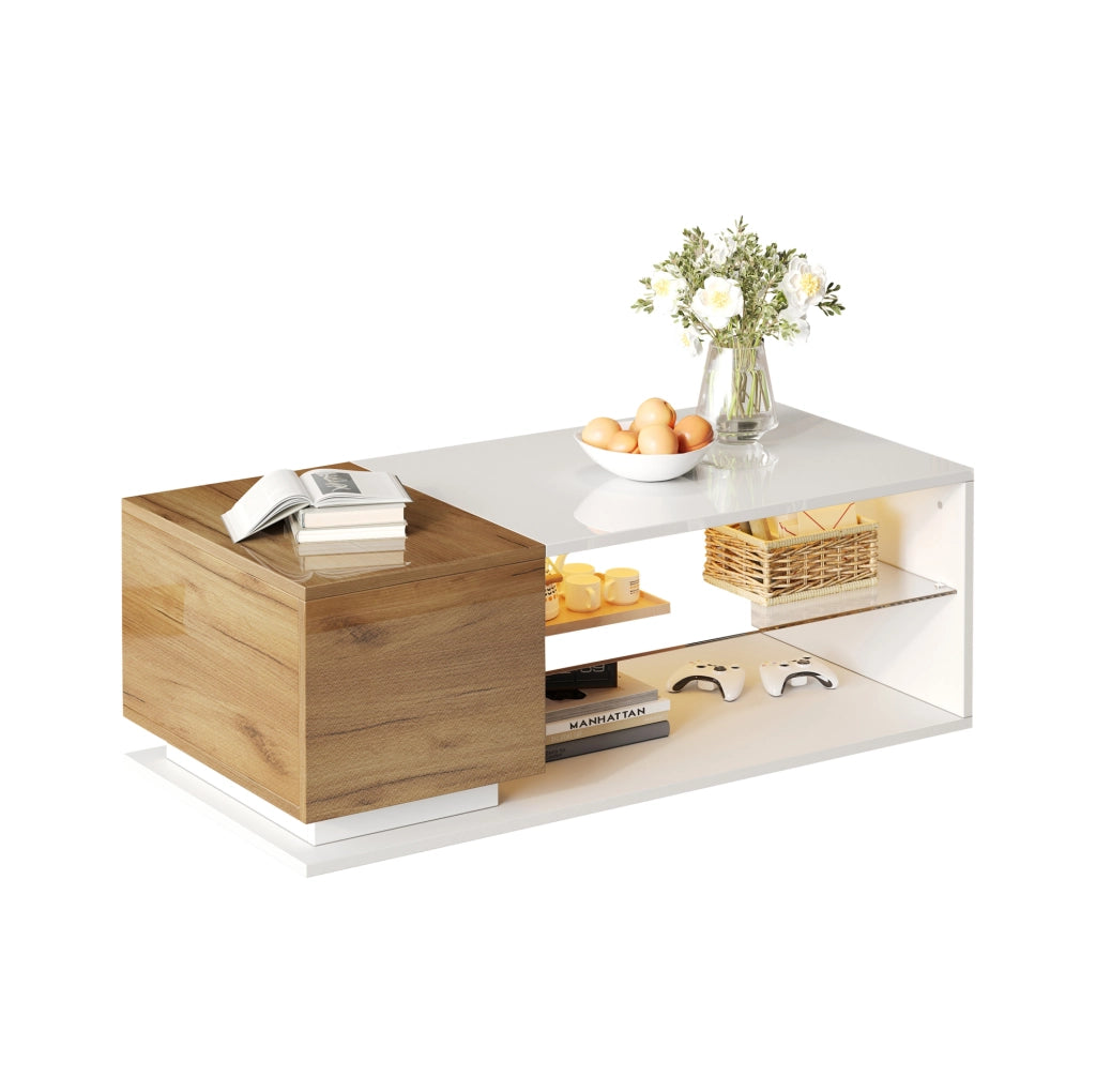 Tavolino da salotto LED con vano contenitore 105x50x36 cm in truciolare e vetro temperato; bianco e rovere