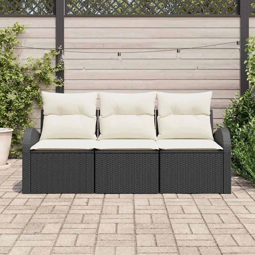 Set Divano da Giardino con cuscino 3 pcs Nero Poly Rattan