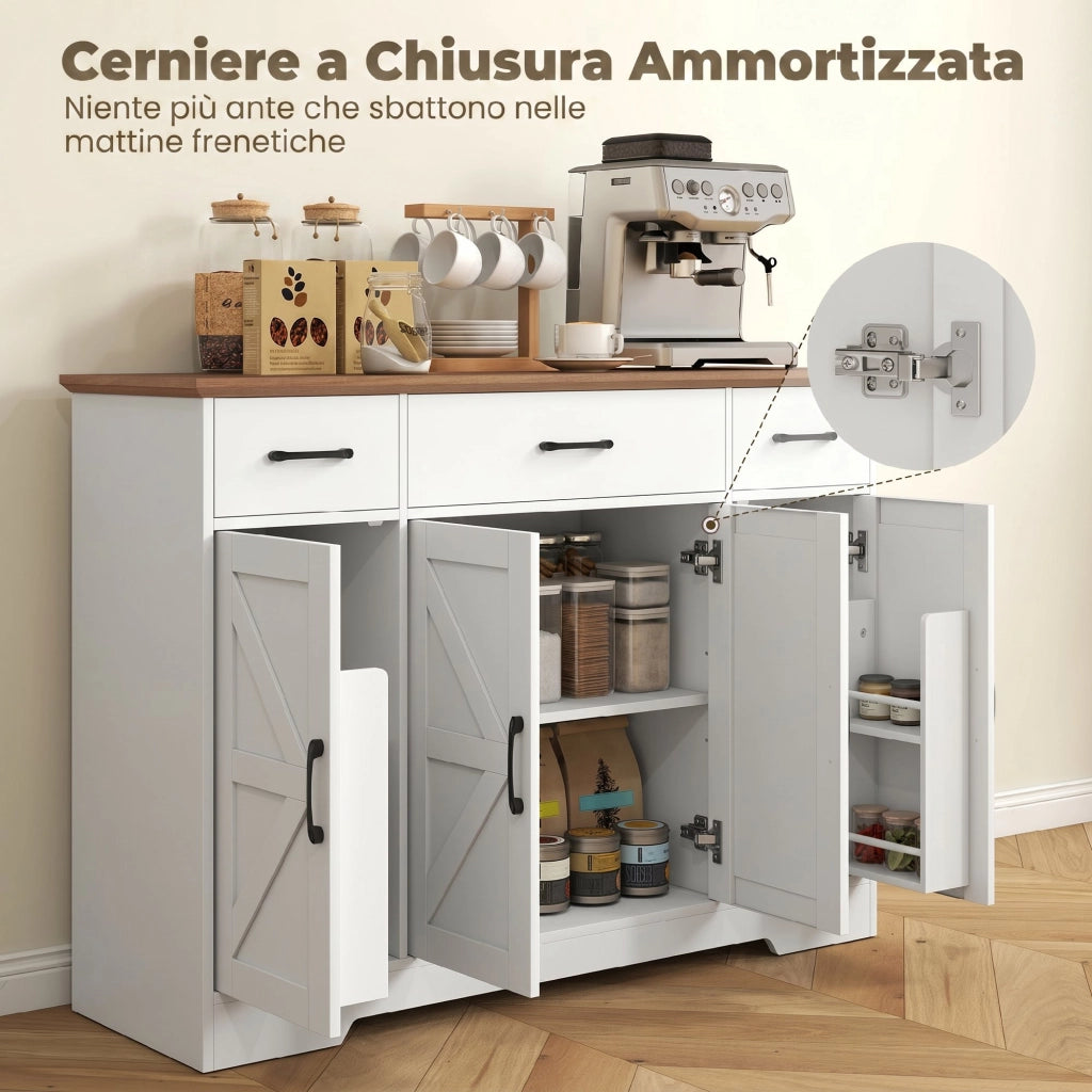 Credenza da Cucina Stile Rustico 120x38x87 cm con Ante Soft-Close 3 Cassetti 3 Ripiani Regolabili Portaspezie in MDF