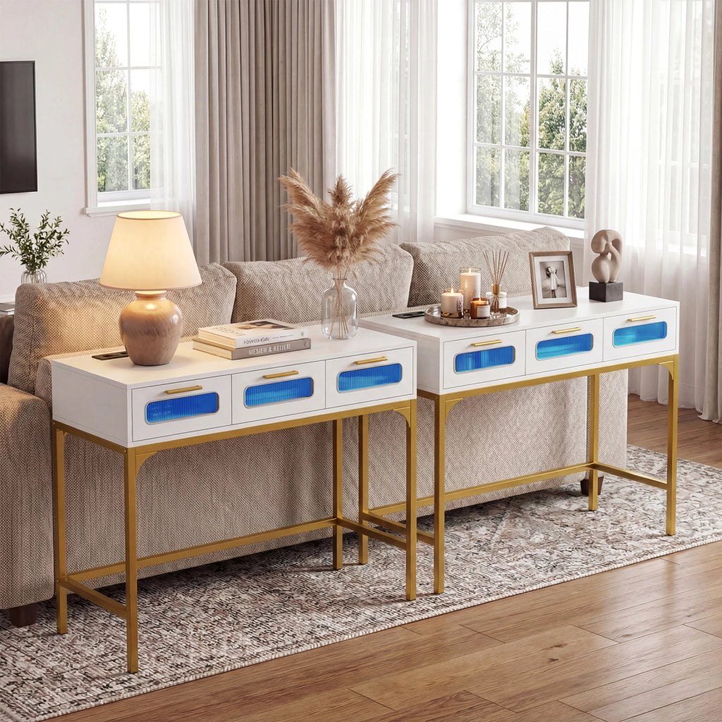 Tavolo consolle con luci LED e stazione di ricarica, Tavolo d'ingresso 90 cm con prese USB per soggiorno e corridoio Bianco